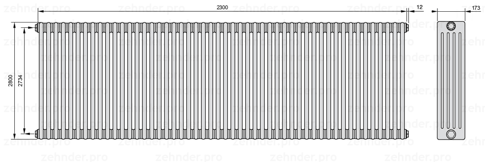 Схема (чертеж) Радиатор Zehnder Charleston 5280/50 №1270 Белый глянцевый RAL 9016